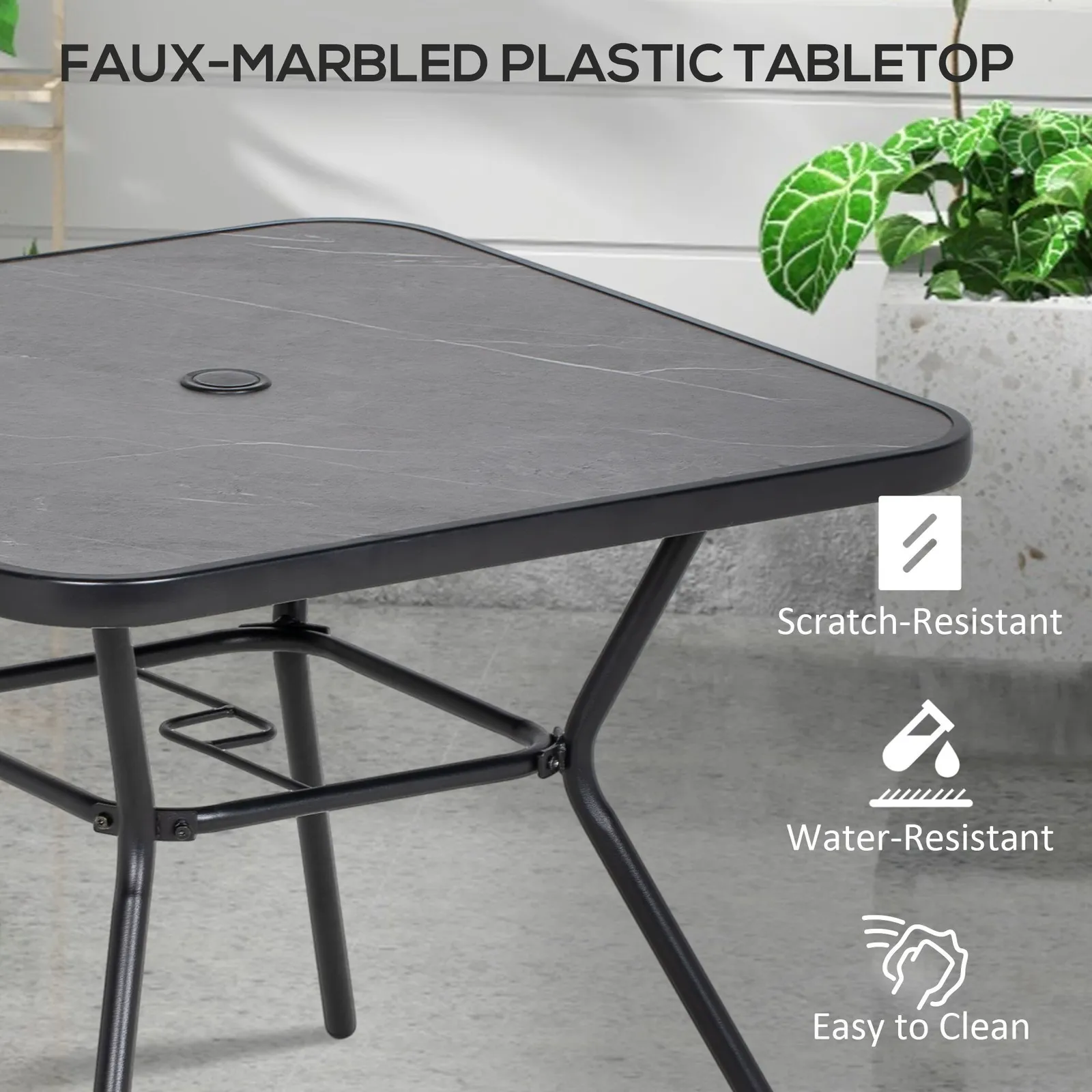 OUTSUNNY Outdoor Garden Table with Faux-marbled Top & 42mm Umbrella Hole for Patio in Black 4