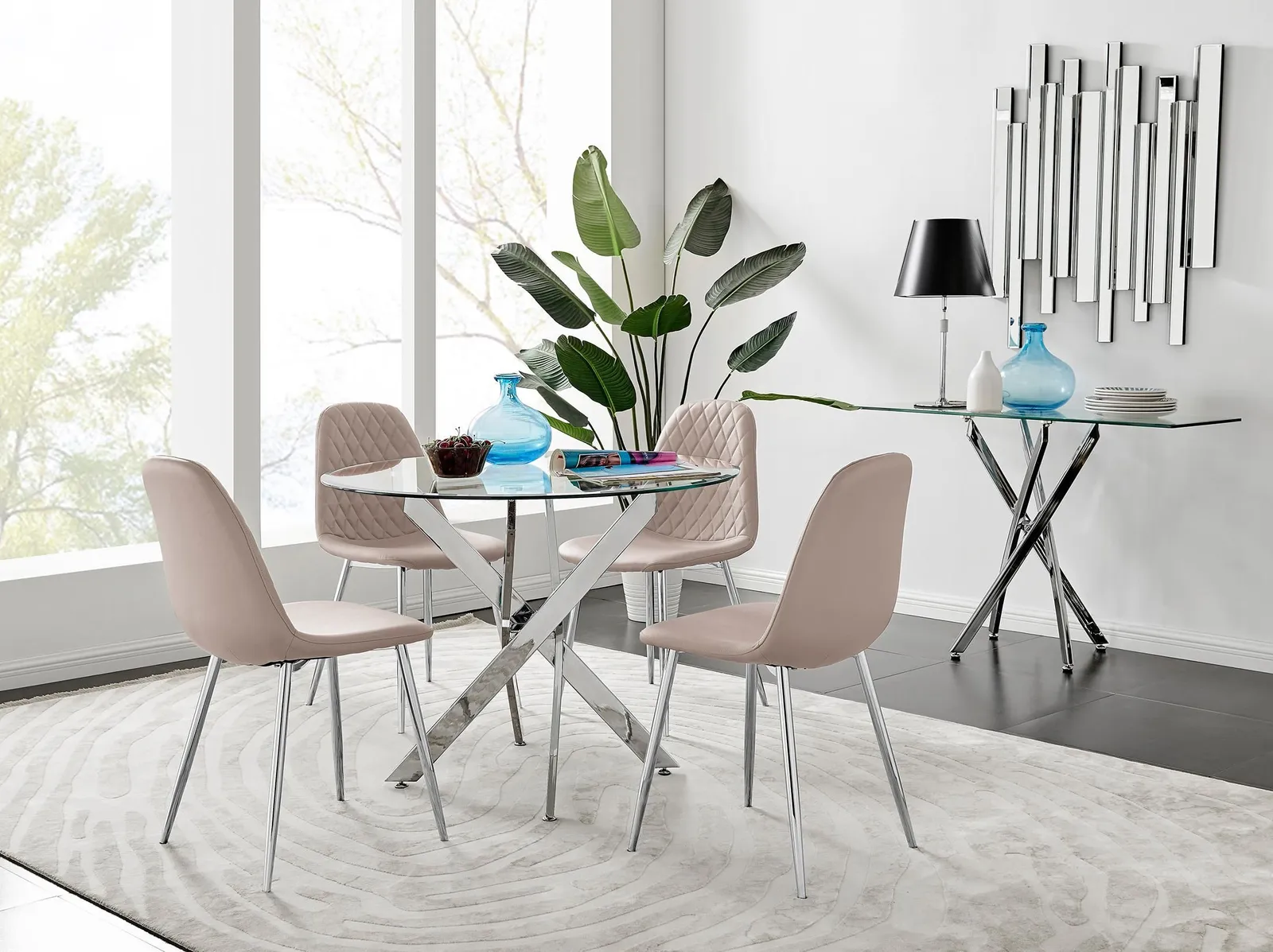 FurnitureboxUK Novara Clear Tempered Glass 100cm Round Dining Table with Chrome Starburst Legs & 4 Corona Faux Leather Silver Leg Chairs in Beige