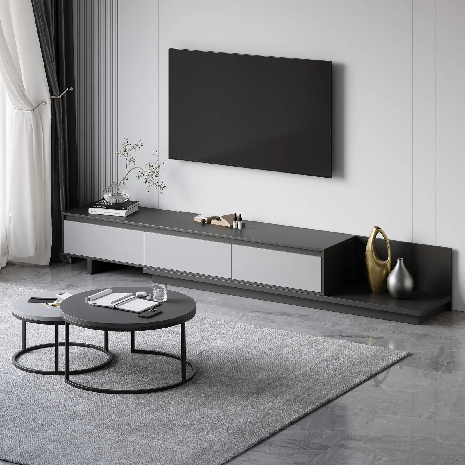 Living Room Set Gray Retractable Extendable TV Stand & Round Nesting Coffee Table Set