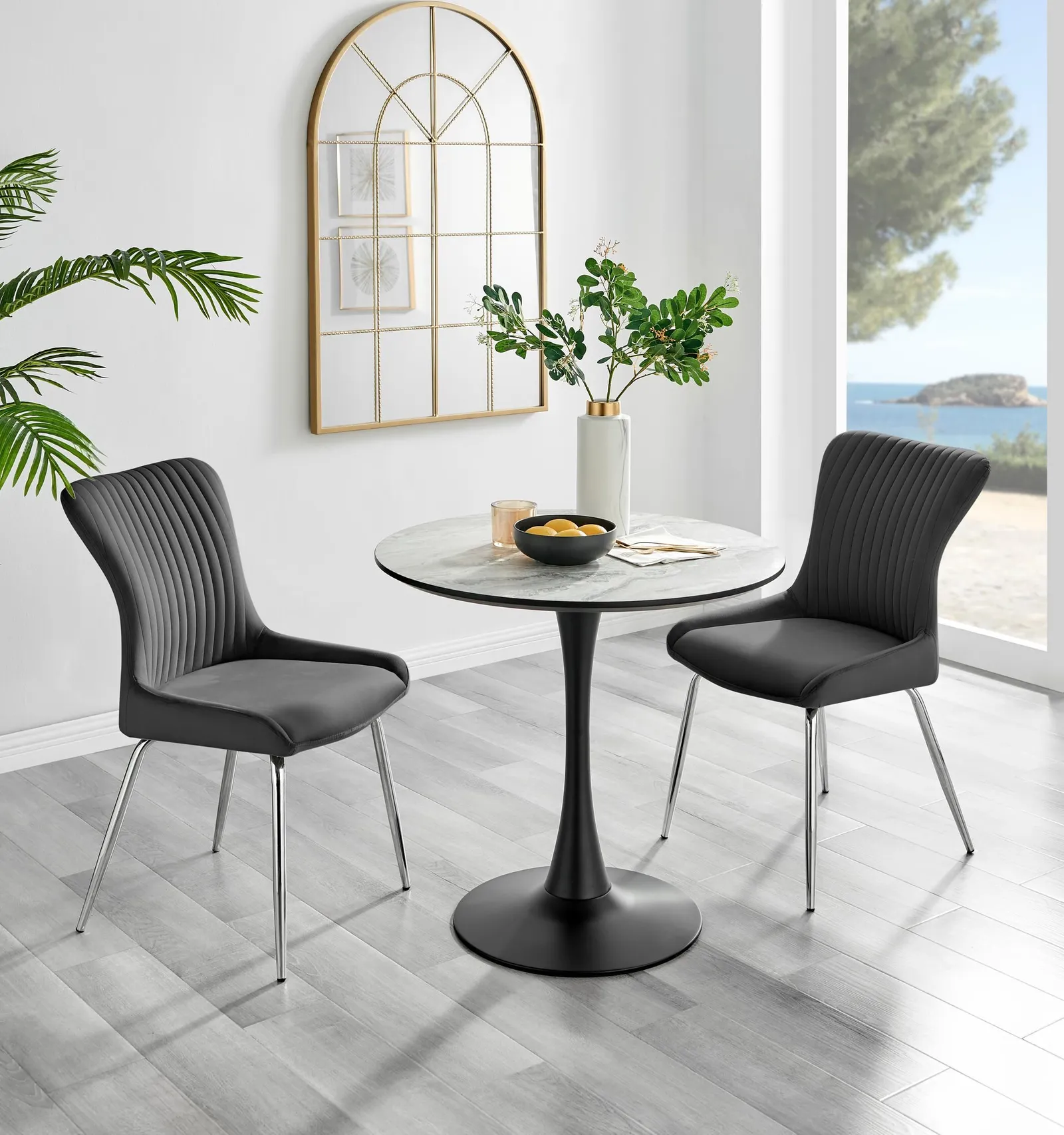FurnitureboxUK Elina White Marble Effect Scratch Resistant Dining Table & 2 Nora Silver Leg Velvet Chairs in Dark Grey