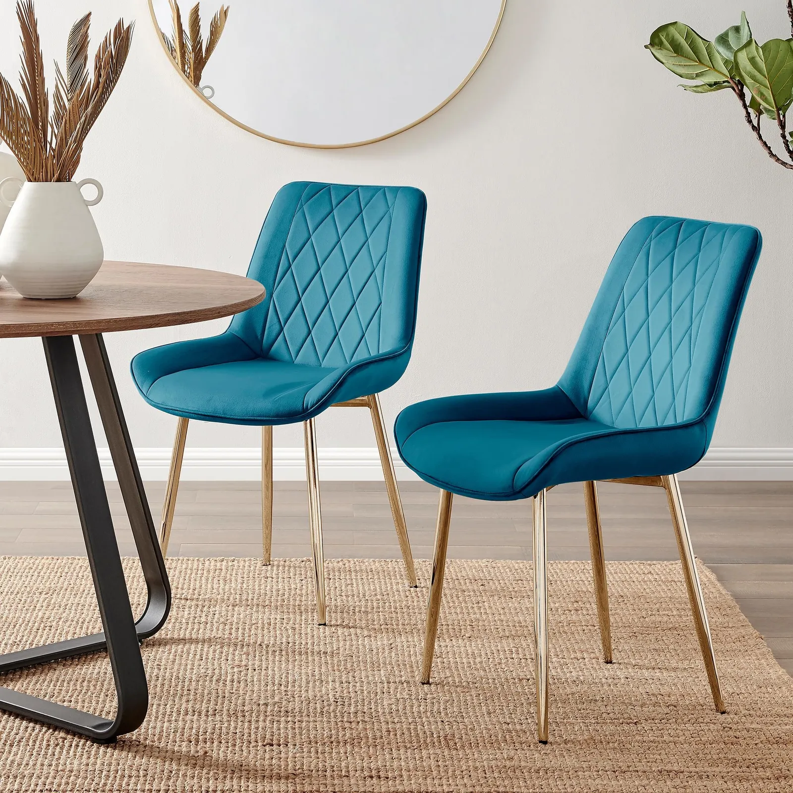 FurnitureboxUK Set of 2 Pesaro Luxury Soft Touch Diamond Pattern Velvet Dining Chairs With Gold Chrome Metal Legs in Blue