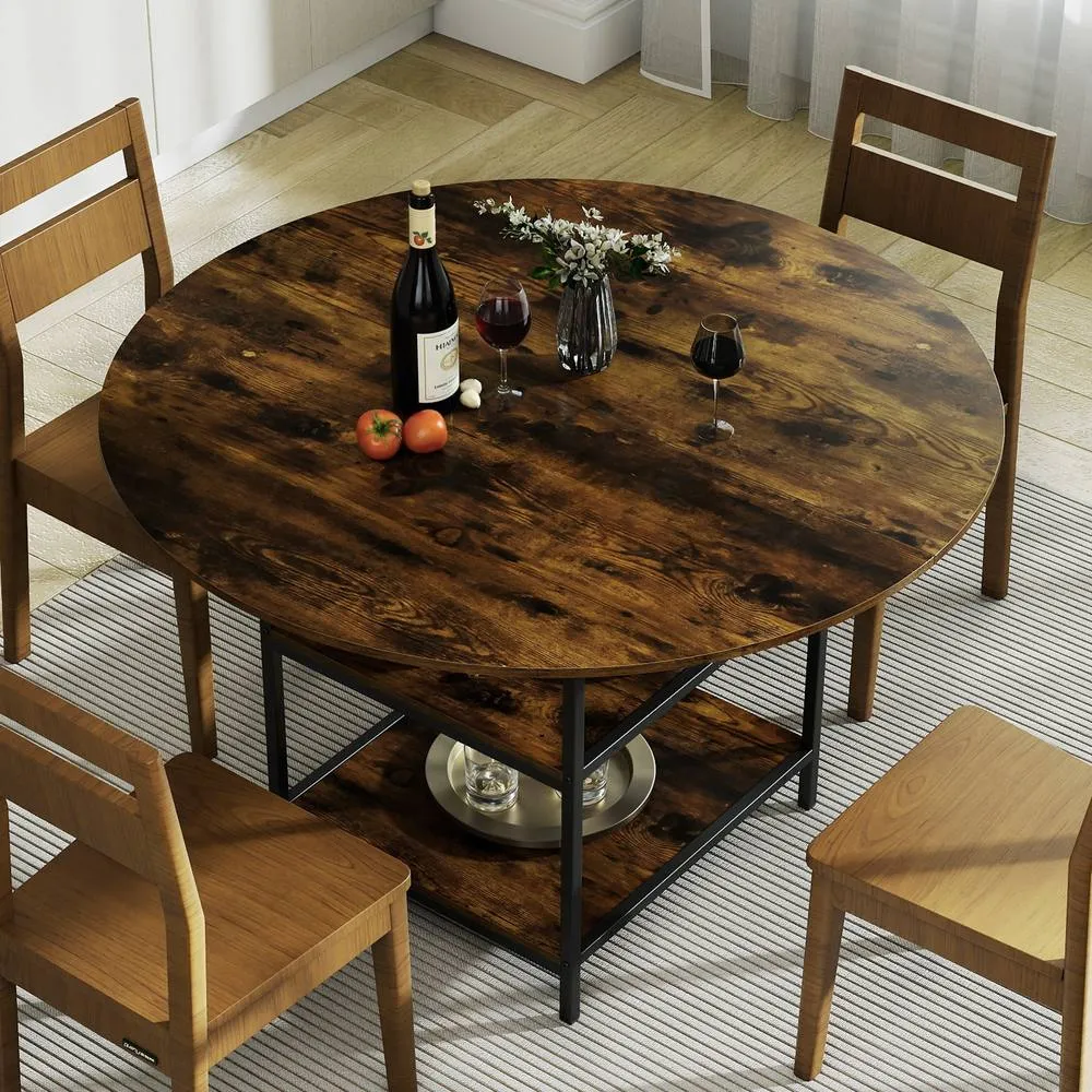 Costway 120 CM Round Dining Table Modern Kitchen Table w/ 2 Storage Shelf in Brown 5