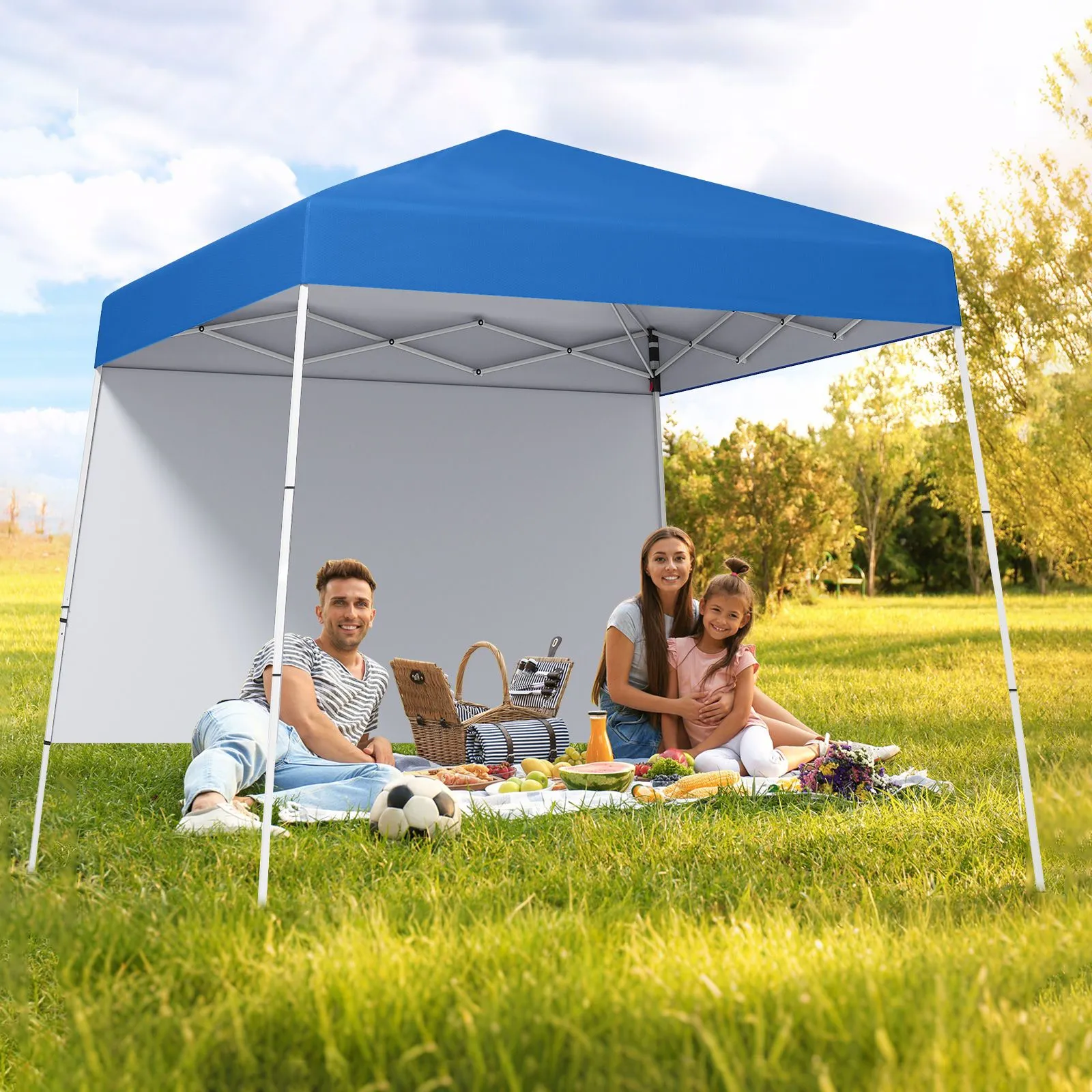 Costway 300 x 300 cm Pop up Canopy Tent Portable Backpack w/1 Sidewall in Blue 3