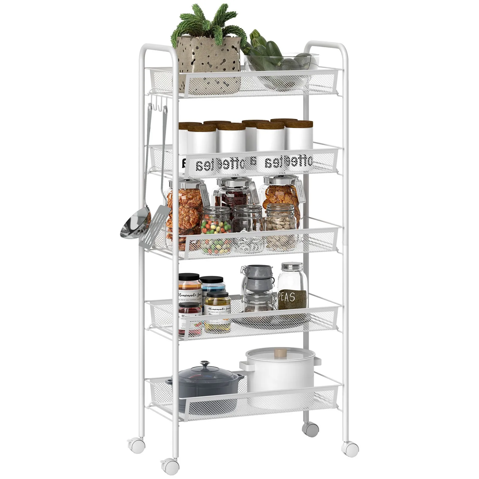 HOMCOM 5 Tier Utility Rolling Cart with Removable Mesh Baskets, White 2