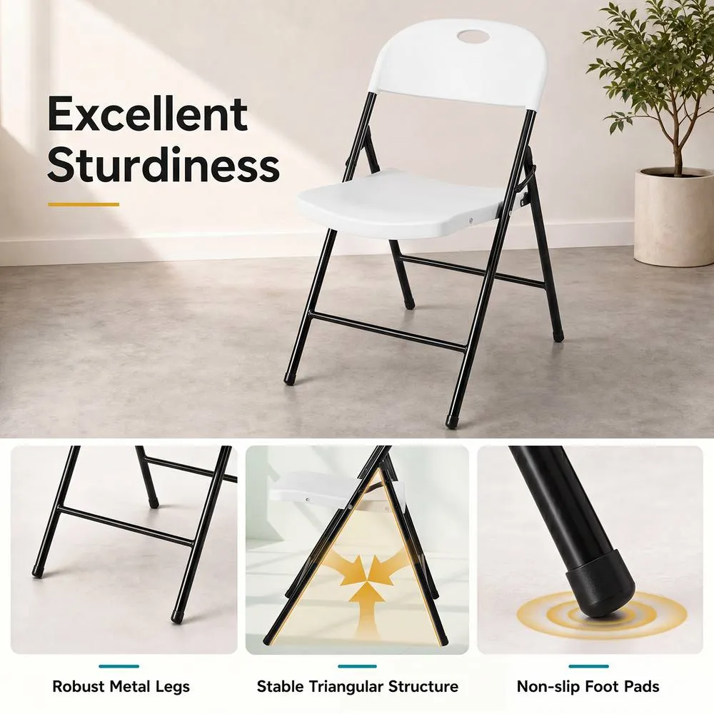Costway Fold Plastic Chairs Set of 4 Commercial Seats w/ Curved PP Seat in White 6
