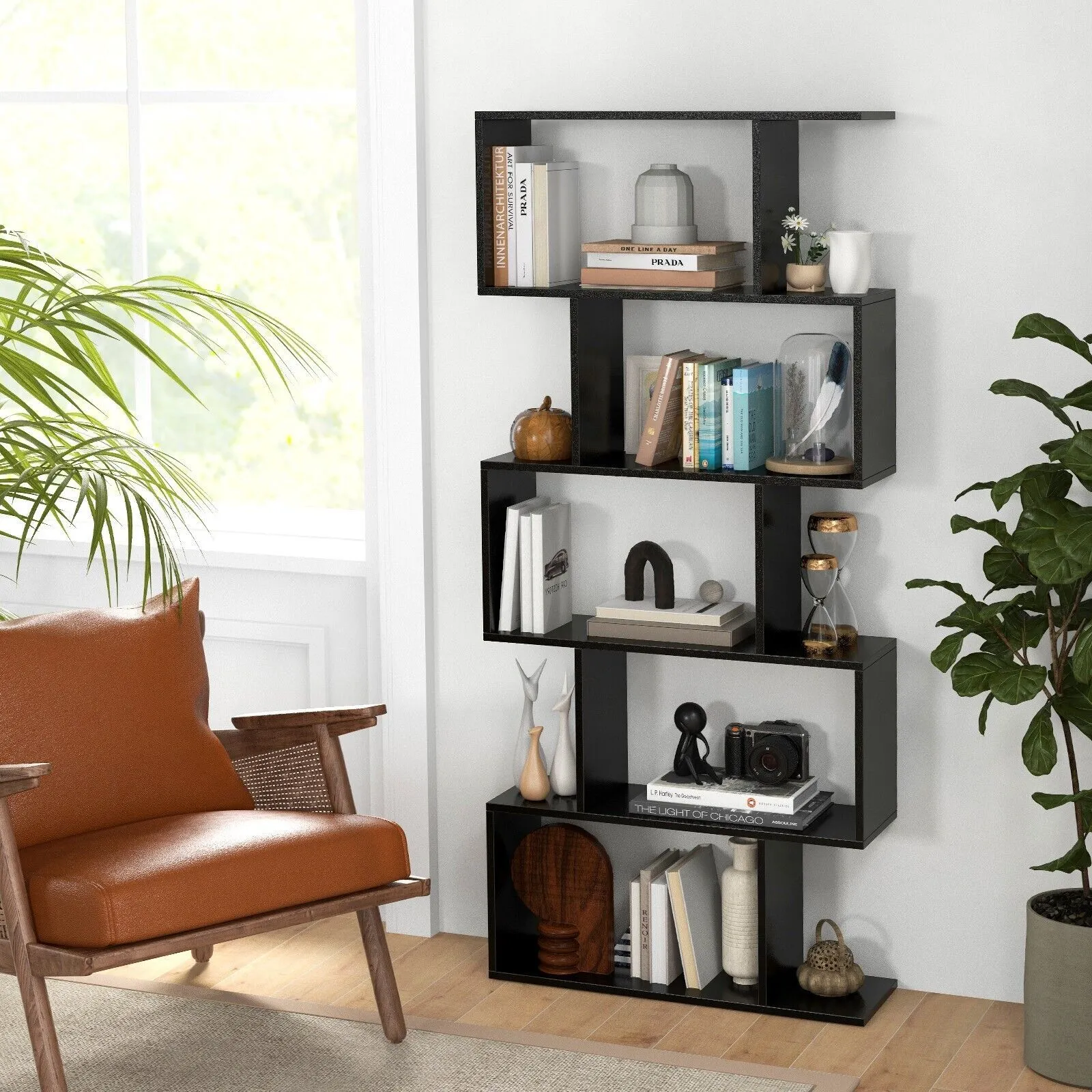 Costway 5-tier Bookcase Anti-Toppling S-Shaped Bookshelf Wooden Storage Display Rack in Black 3