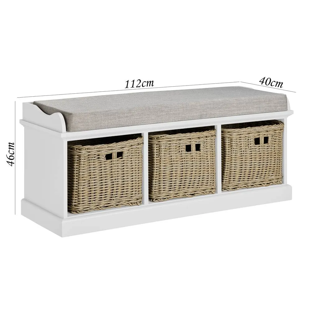 Statement Furniture Tetbury Bench with 3 Brown Faux Wicker Baskets & Cream Cushion in White 2