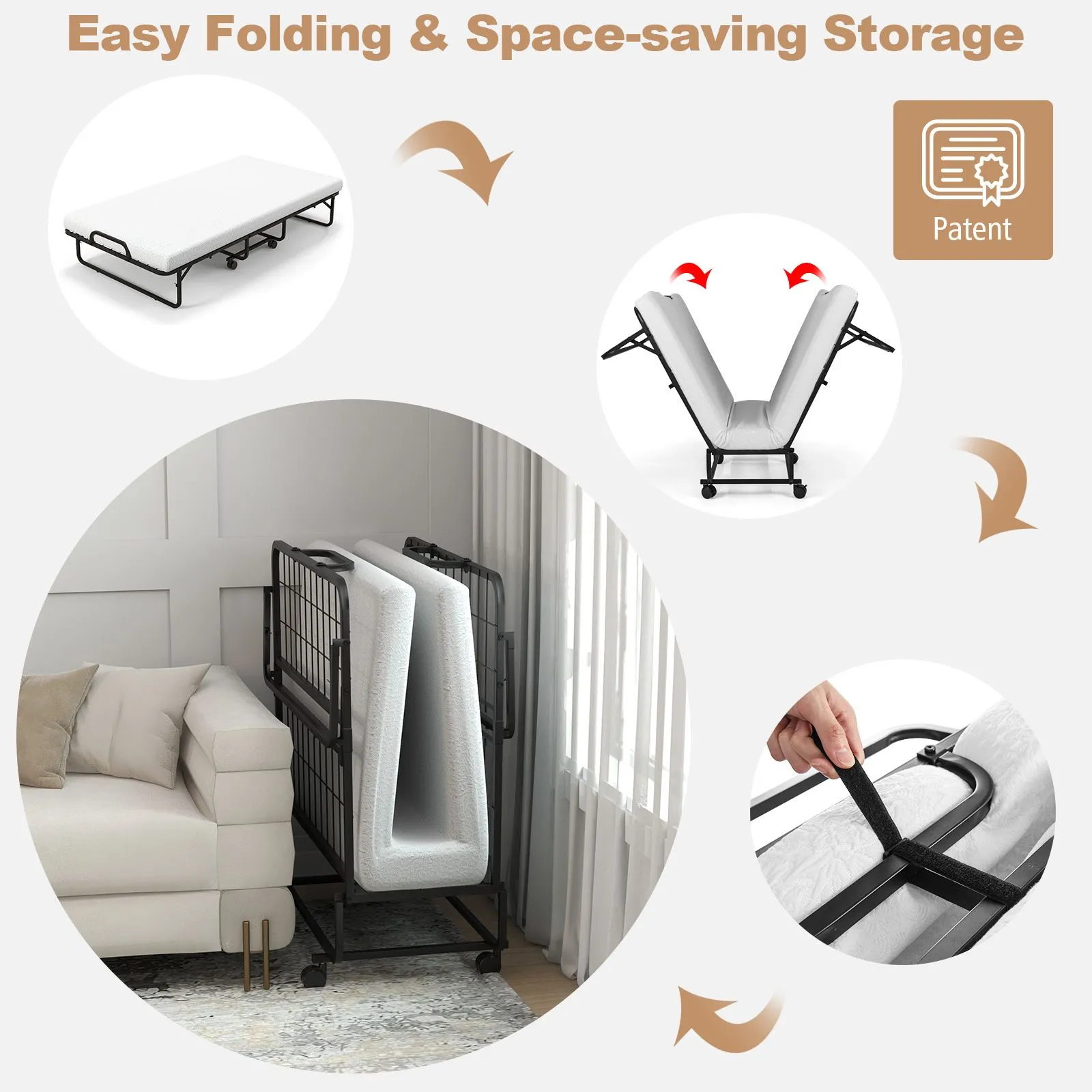 Costway Folding Bed Rollaway Guest Bed Fold up Sleeper Bed W/ 10cm Memory Foam Mattress & 4 Universal Wheels in White 4