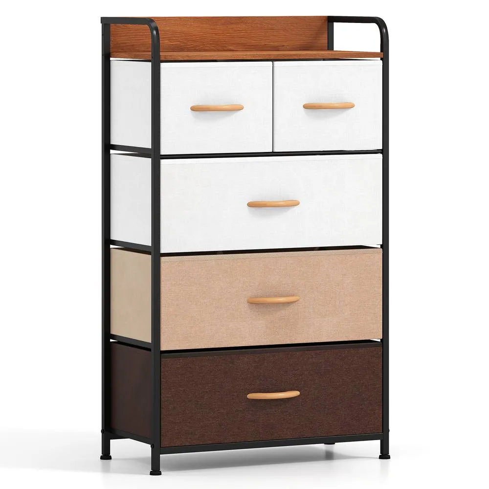 Costway 5-Drawer Fabric Dresser Tall Narrow Storage Tower Organizer With Metal Frame in Brown
