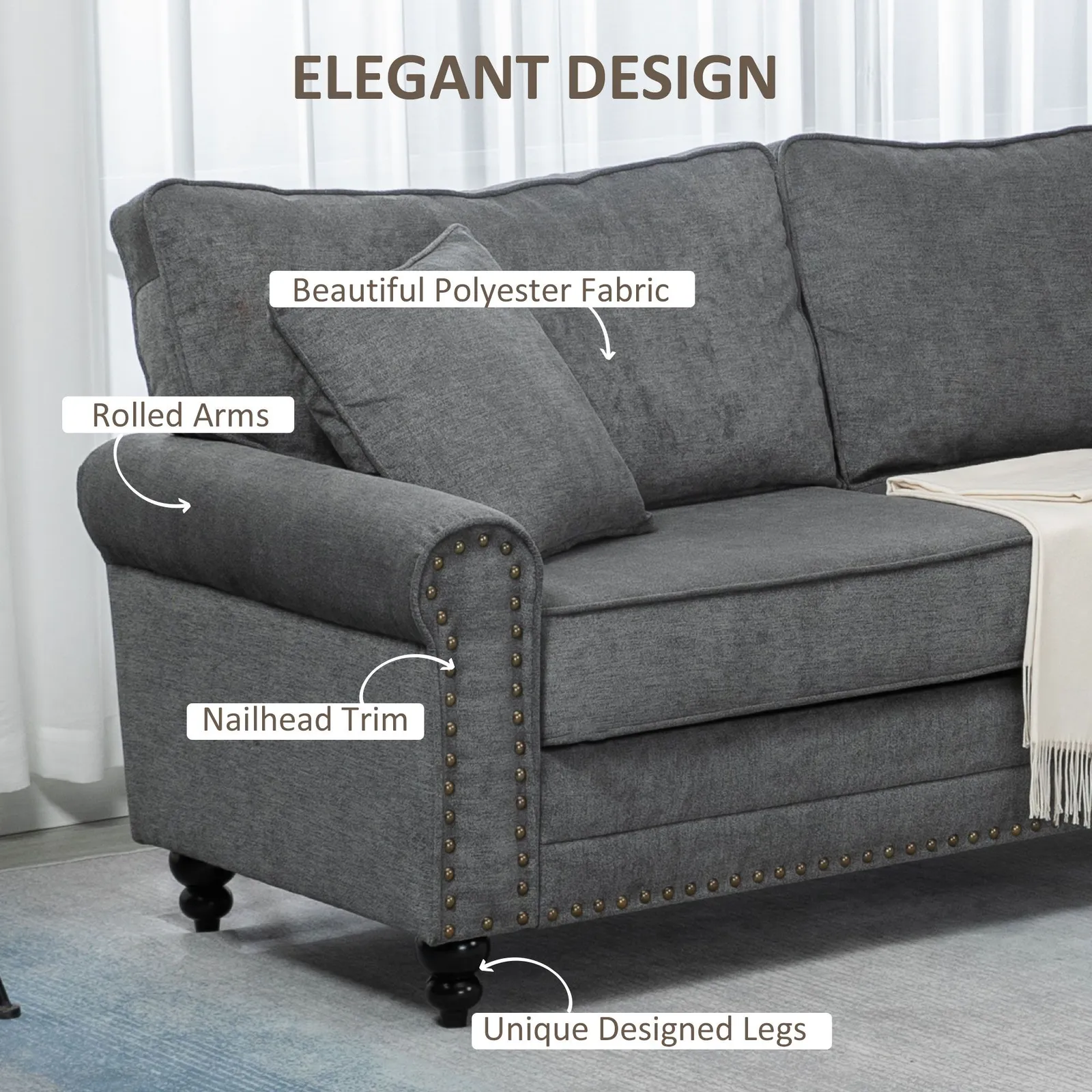HOMCOM 3 Seater Sofas Fabric Sofa with Nailhead Trim Cushions & Throw Pillows in Grey 6