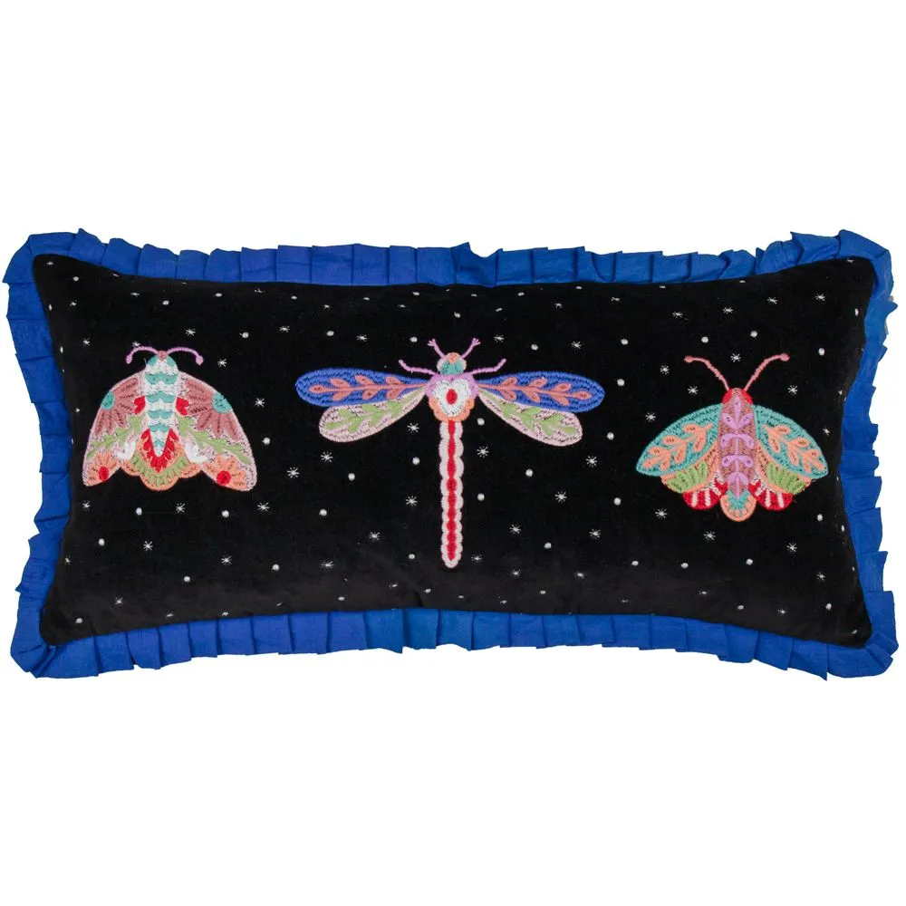 Wylder Tropics Darkling Beetles Embroidered Velvet Cushion in Black
