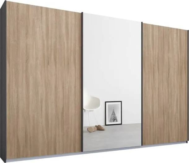 Malix 3 door 270cm Sliding Wardrobe, Graphite Grey Frame, Oak and Mirror Doors