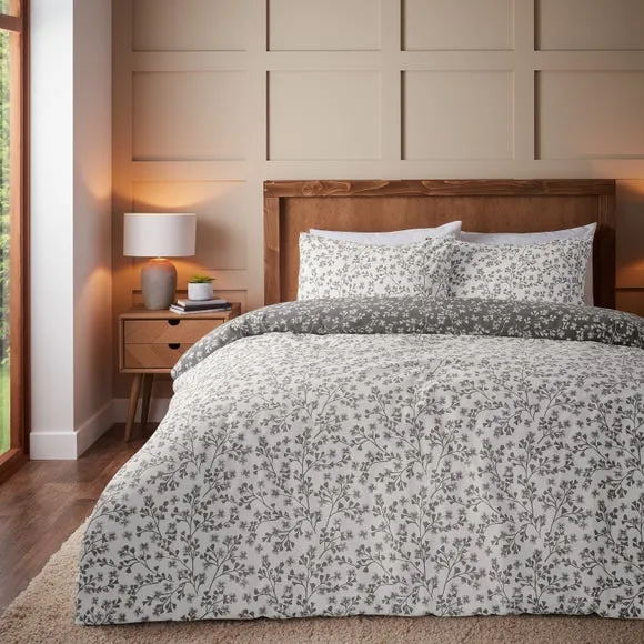 Catherine Lansfield Grace Floral Leaf 100% Brushed Cotton Duvet Cover & Pillowcase Set 3