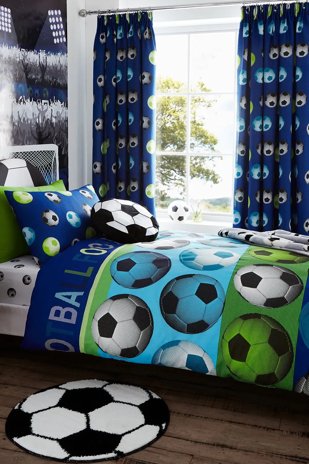Catherine Lansfield 'Football' Pencil Pleat Lined Curtains in Blue 3
