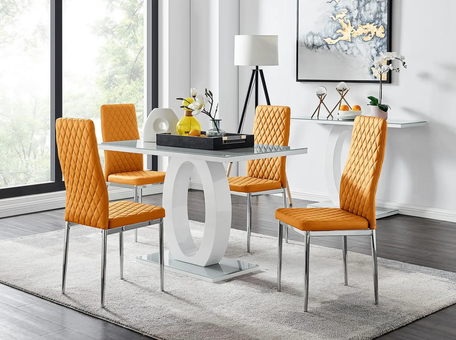 FurnitureboxUK Giovani Grey White Modern High Gloss & Glass Dining Table & 4 Milan Chairs Set in Mustard 1