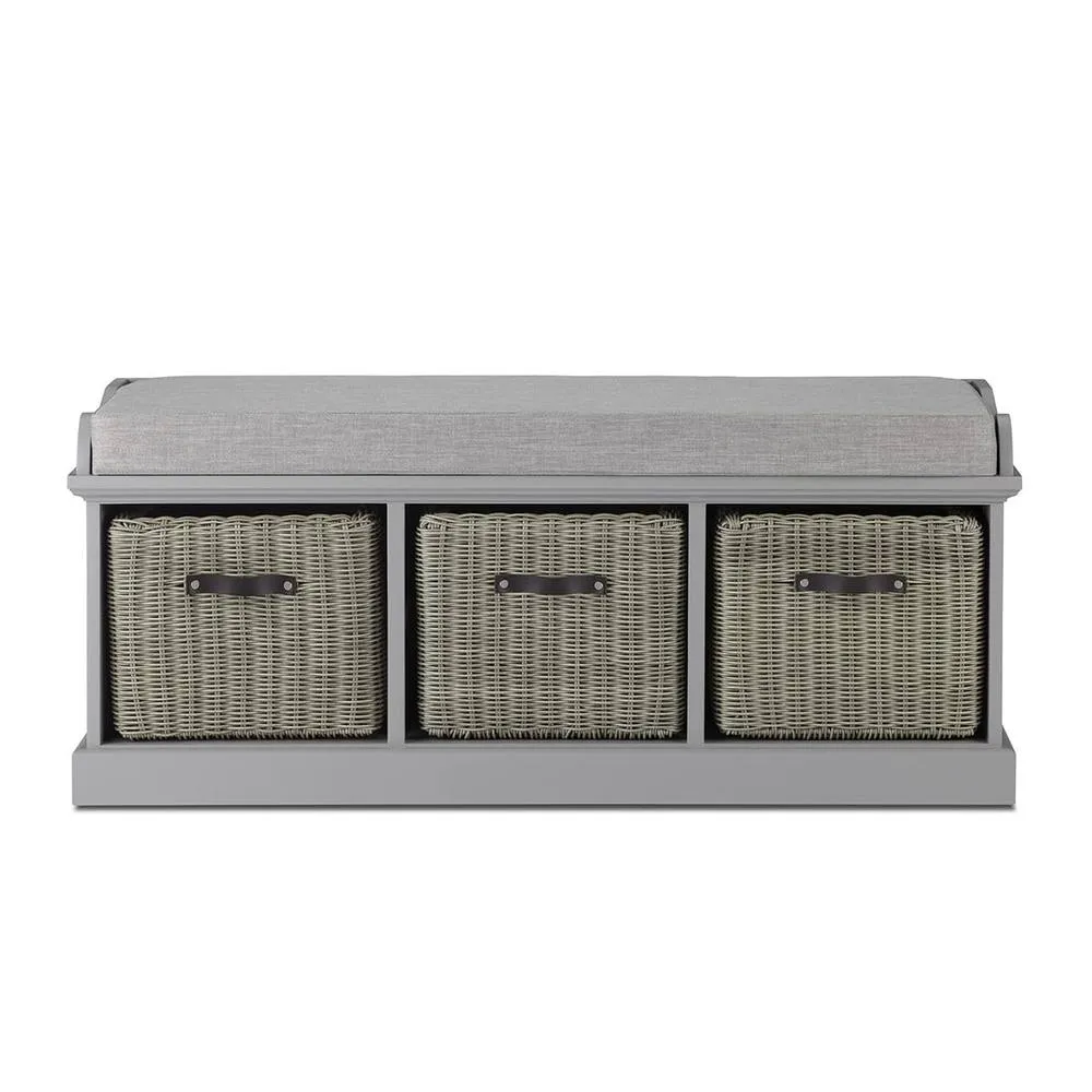 Statement Furniture Tetbury Bench with 3 Grey Faux Rattan Baskets & Grey Cushion in Light Grey 2