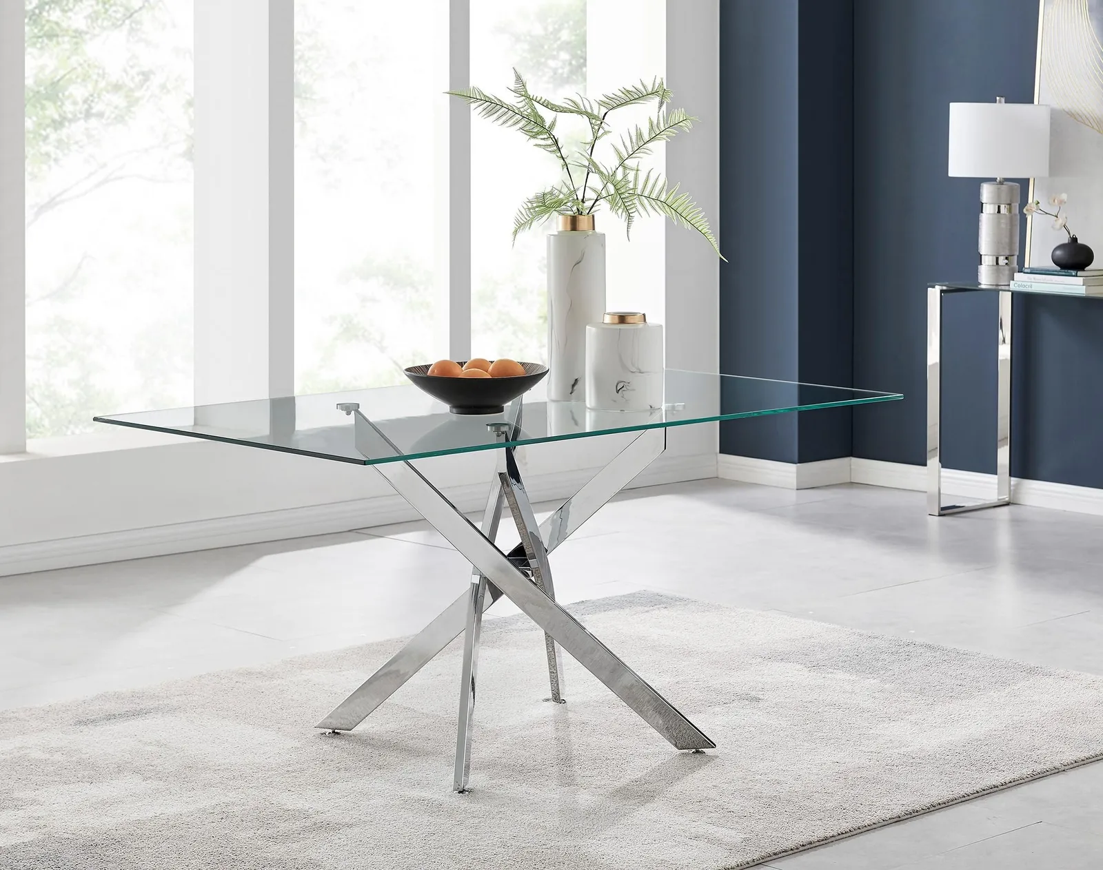 FurnitureboxUK Leonardo Glass & Chrome Metal Dining Table & 6 Milan Chairs Dining Set in White 3