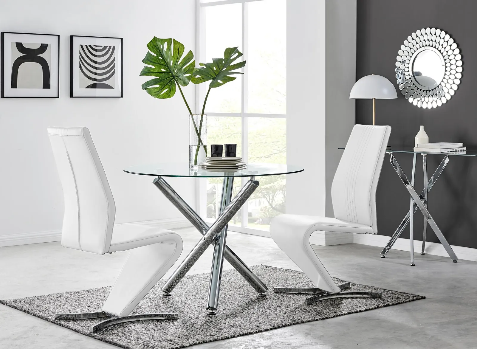 FurnitureboxUK Selina Round Glass & Chrome Metal Dining Table & Luxury Willow Chairs Set in Off-White 1