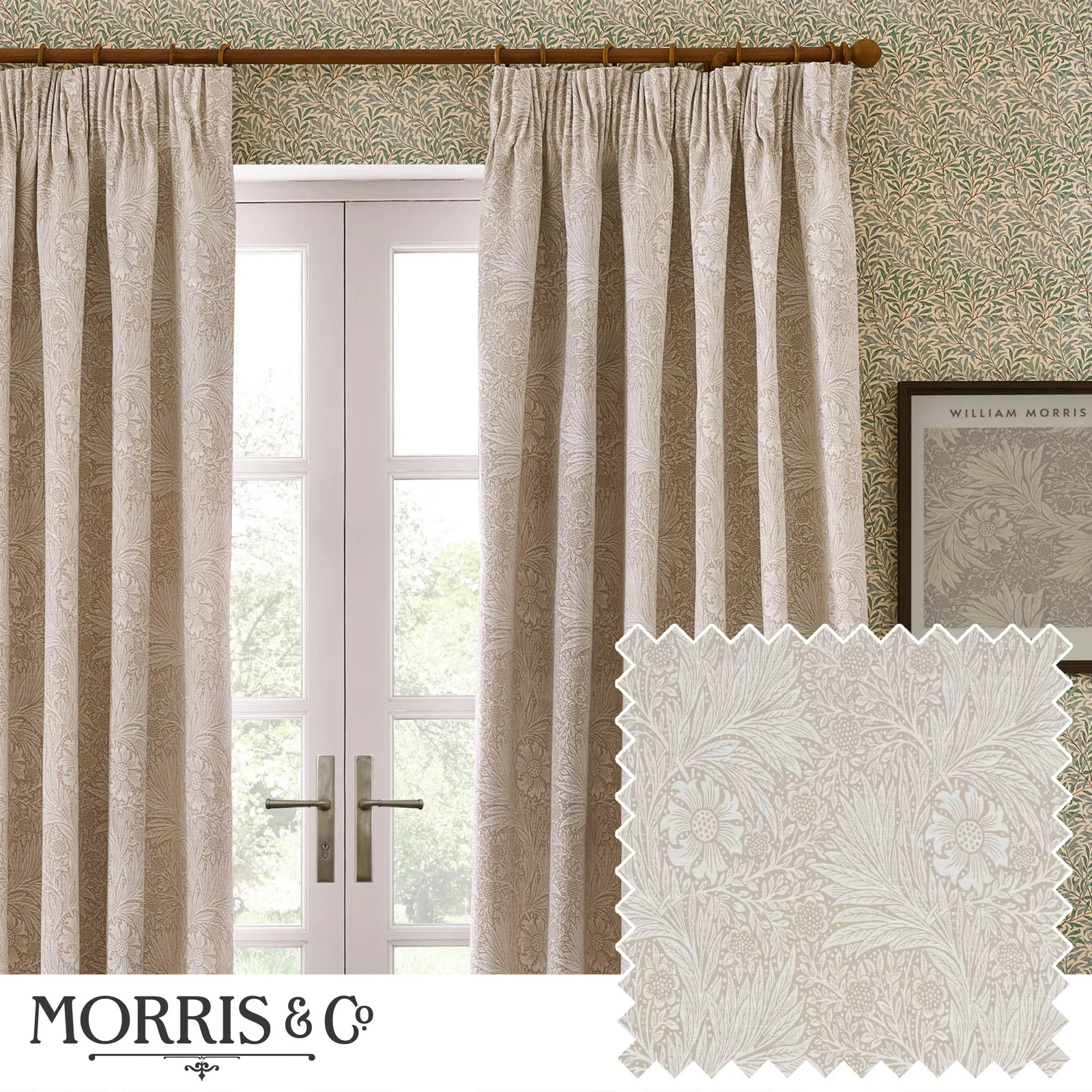 Morris & Co Marigold Jacquard Floral Room Darkening Pencil Pleat Curtains in Stone 1