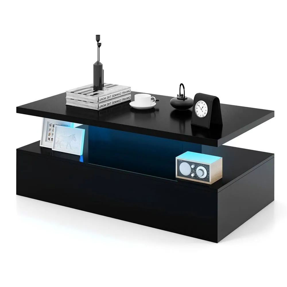 Costway 2-Tier Coffee Table Modern Center Table Cocktail Table W/ LED light in Black 3