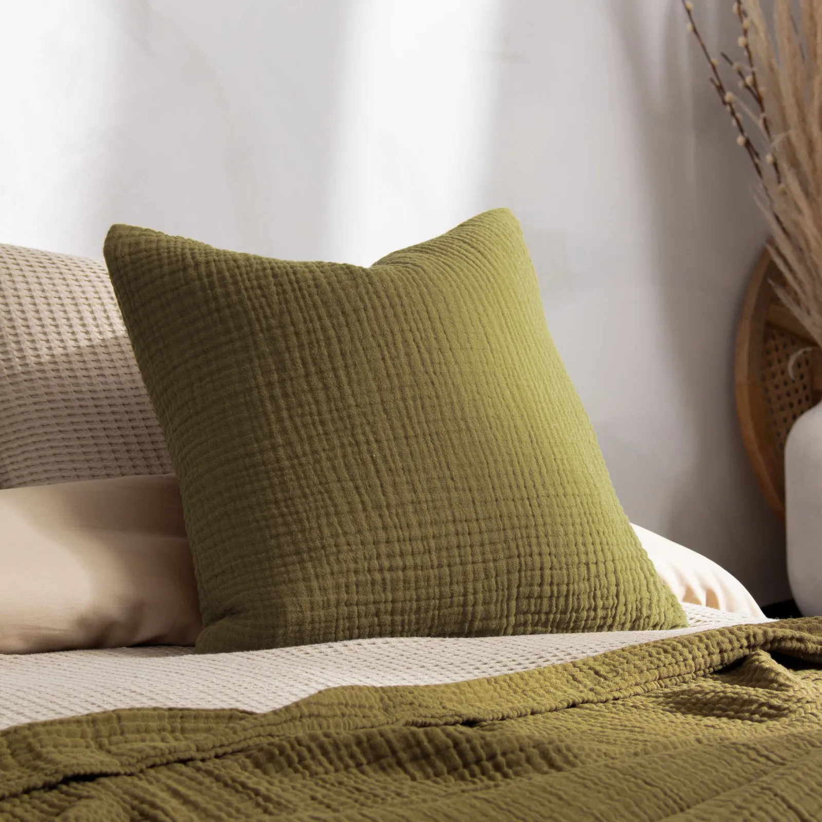 Yard Lark Muslin 100% Cotton Plain Cushion in Khaki 1