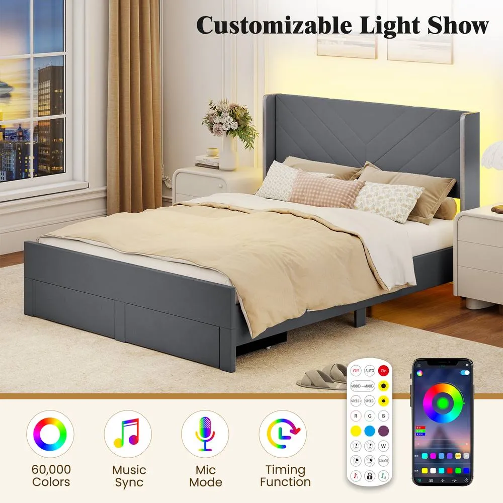 Costway King Size Bed Frame w/LED Lights Dutch Velvet Upholstered Platform Bed in Grey 5