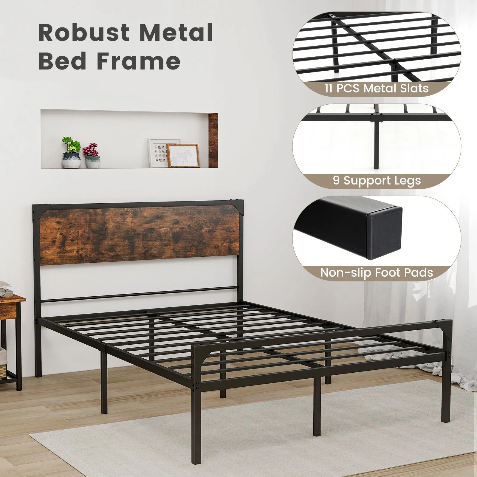 Costway Industrial Double Size Bed Frame Metal Platform Bed with 9 Support Legs in Brown 5