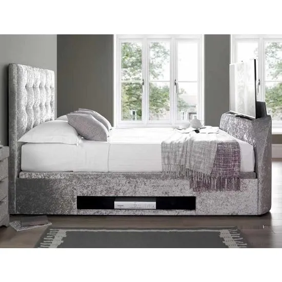 Hayden Ottoman Super King TV Bed In Crushed Velvet Silver