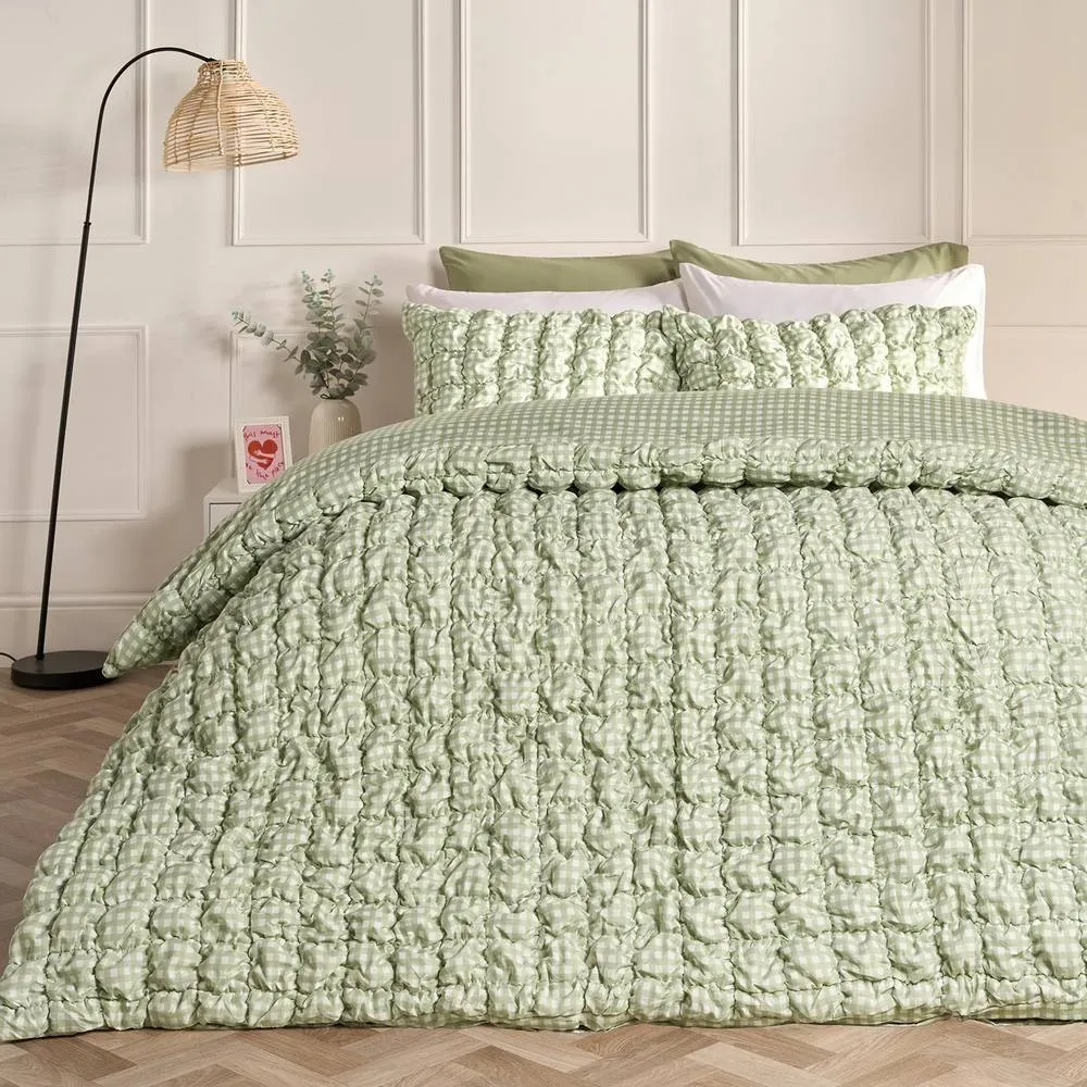 OHS Gingham Filled Seersucker Duvet Cover Set with Pillowcase Bedding in Green