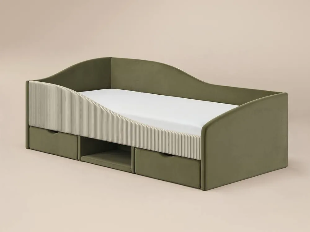 Flair Aubrey Velvet Storage Low Sleeper Bed with Beige Cord in Green 4
