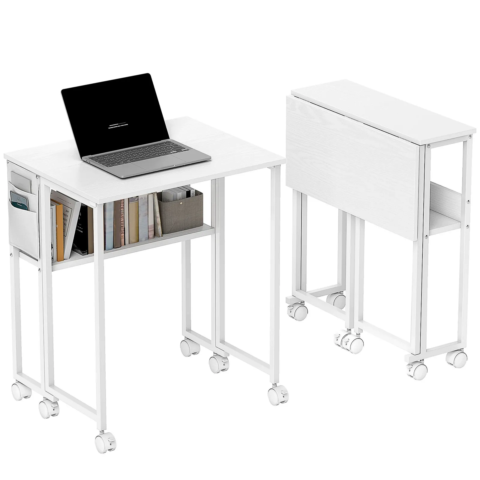HOMCOM 63 cm Foldable Computer Desk on Wheels for Small Spaces White 2