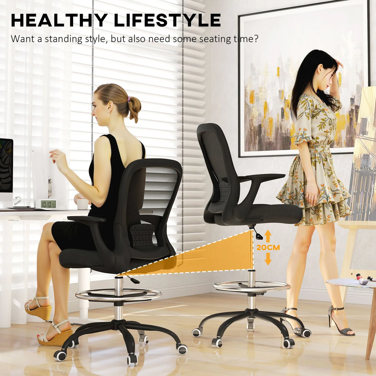HOMCOM Mesh Draughtsman Chair, Ergonomic Drafting Chair in Black 6