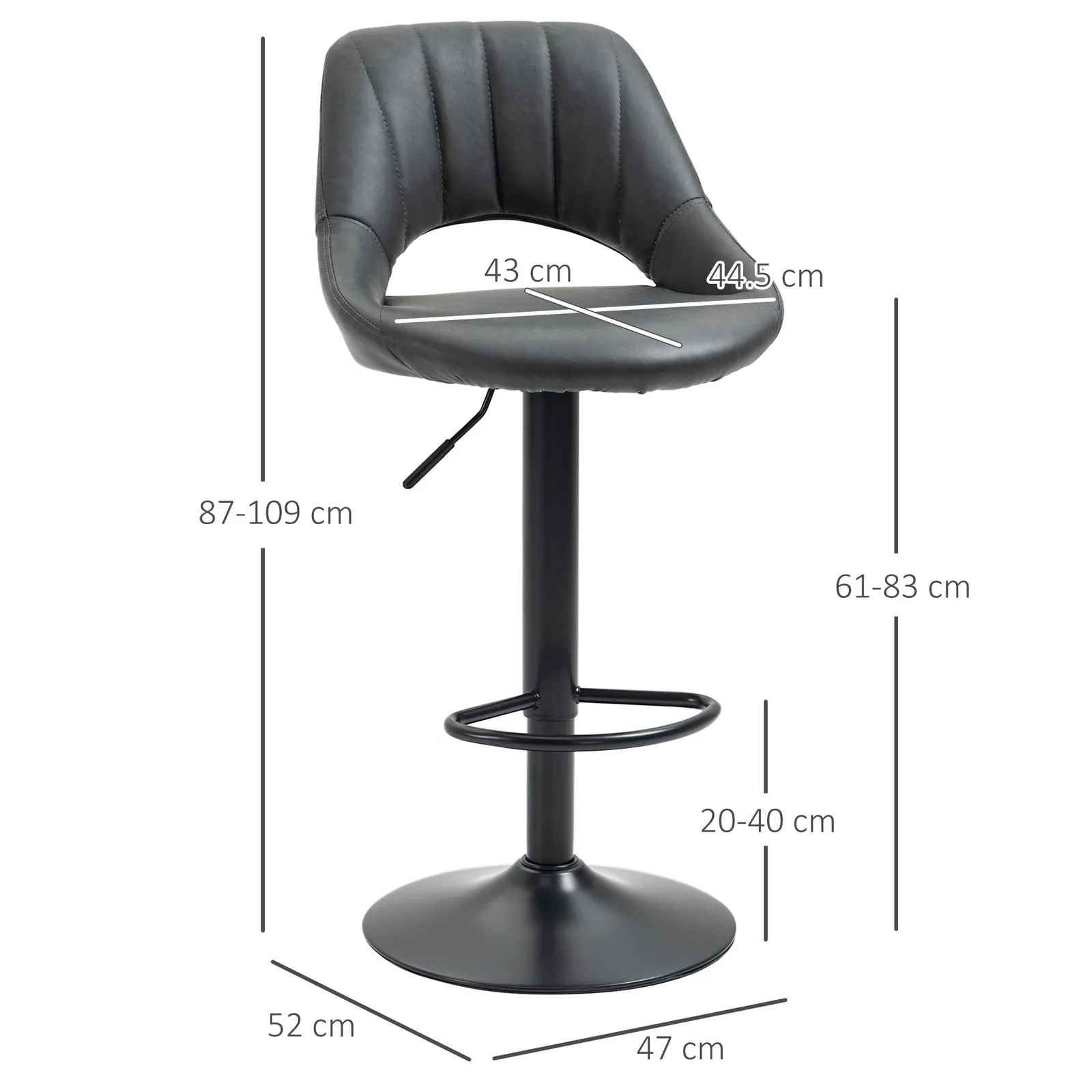 HOMCOM Barstools Set of 2 Adjustable Swivel Height PU Leather Counter Chairs in Grey 3