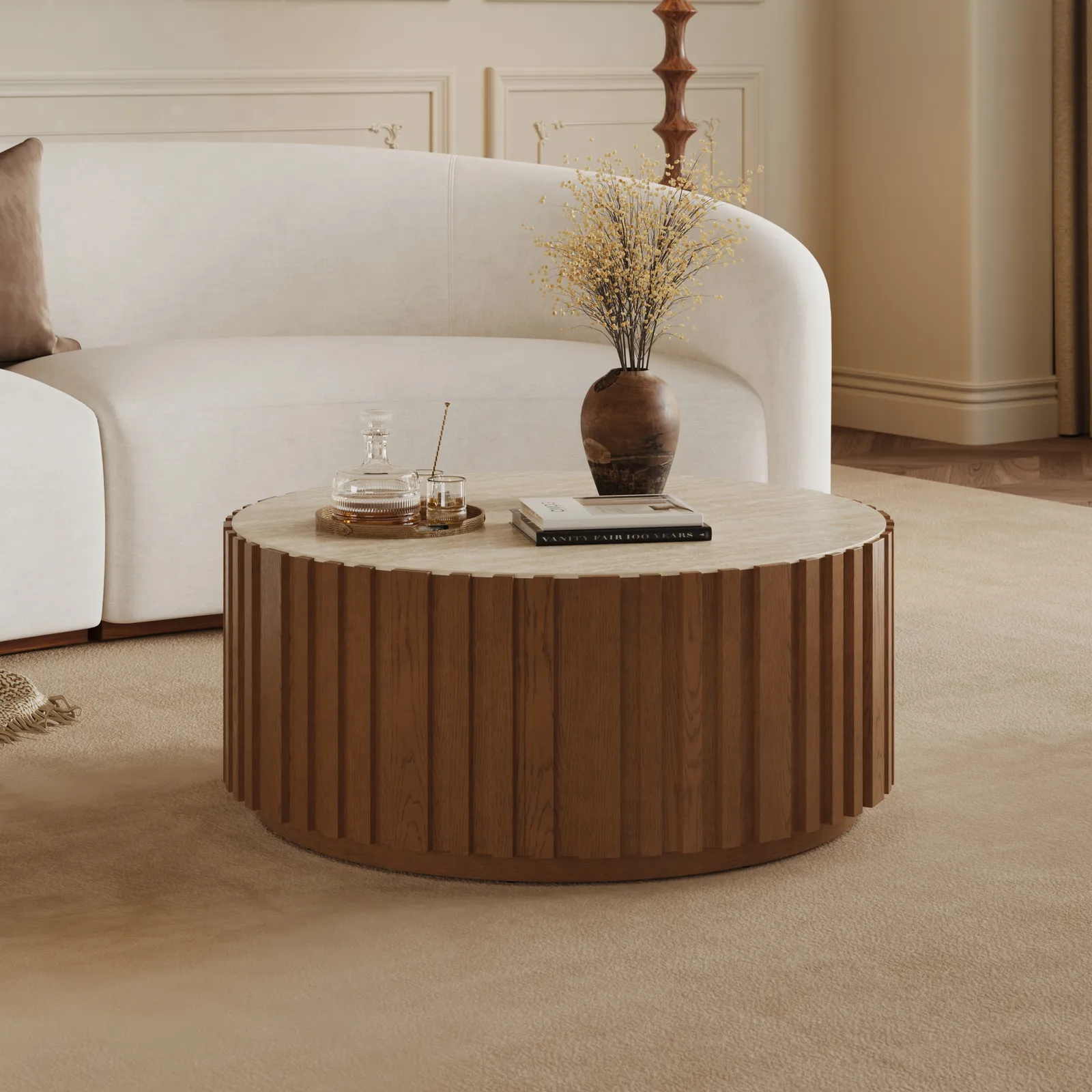 Aura 89 cm Ash Wood Slatted Round Coffee Table with Sintered Stone Top