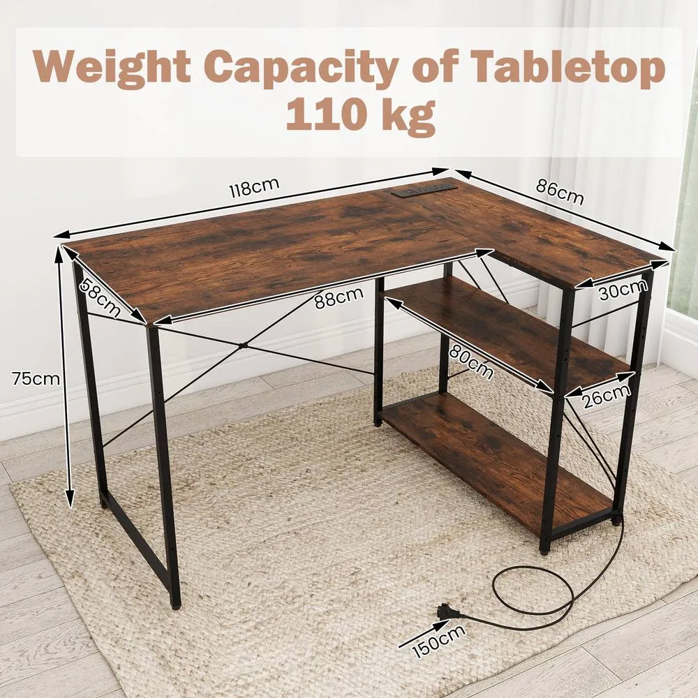 Costway L-shaped Computer Desk w/Power Outlet Workstation w/Reversible Shelves in Brown 3