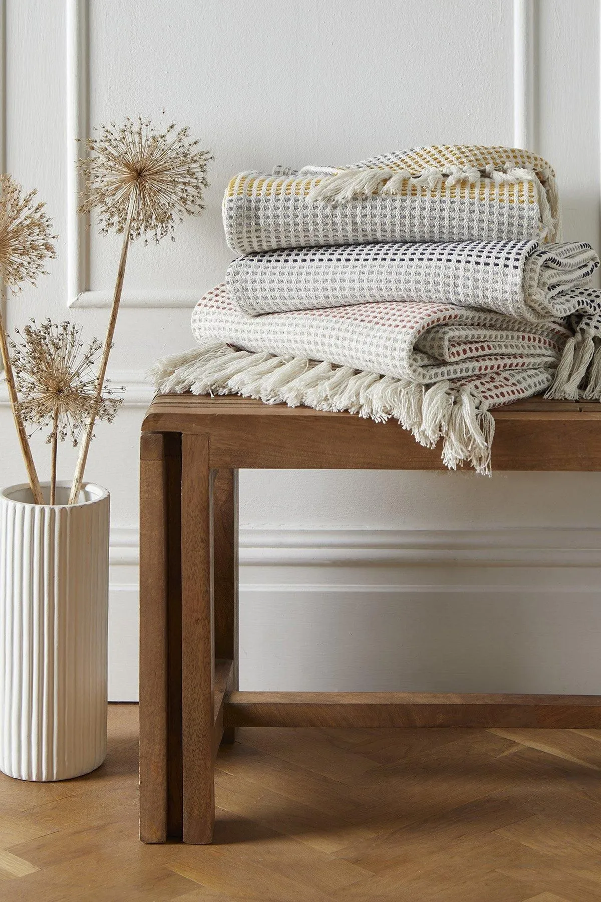 Appletree 'Reva' 100% Cotton Bedspread Throw Woven Stripes With Tasselled Edges in Mustard 2