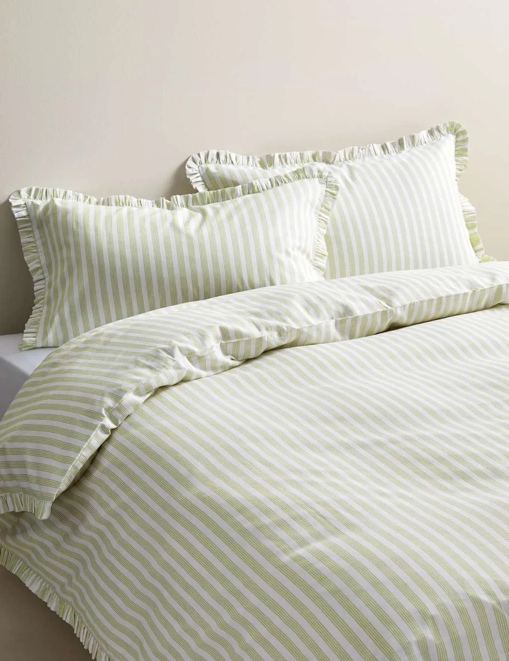 M&S Pure Cotton Narrow Stripe Ruffle Bedding Set Green Mix