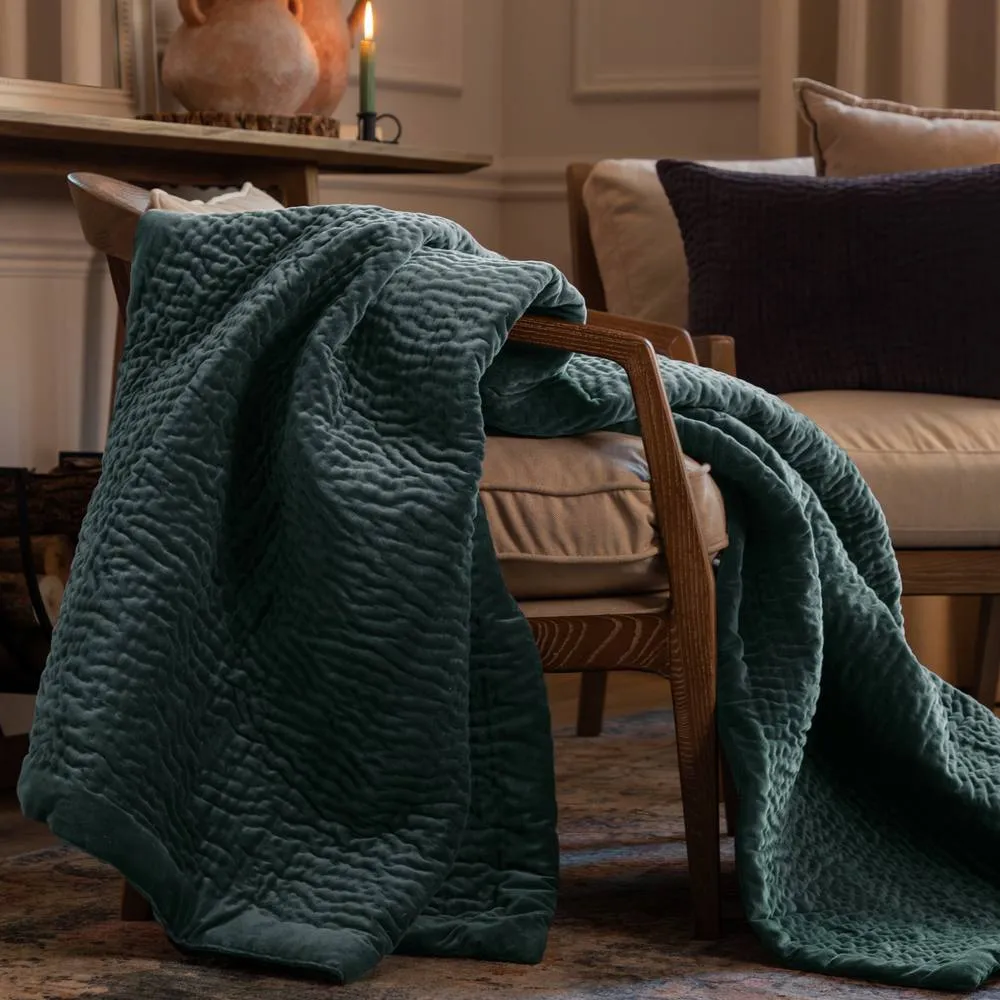 Voyage Maison Haze 100% Cotton Velvet Quilted Throw in Pale Blue