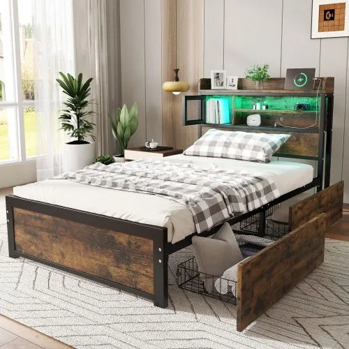 Matteo Metal Bed, 3FT Single Bed With LED Light Strip & 2 Drawers, 3 Charge Port, Durable & Sturdy in Black