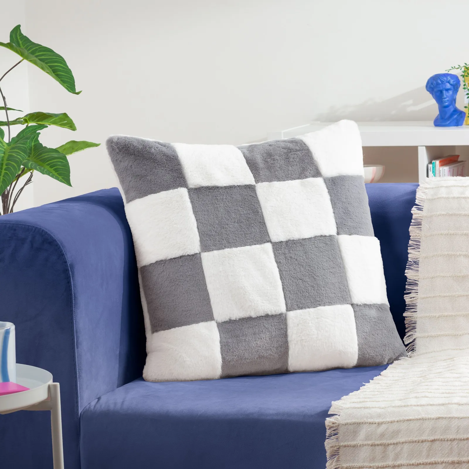 Heya Home Cozee Check Faux Fur Cushion in Blue