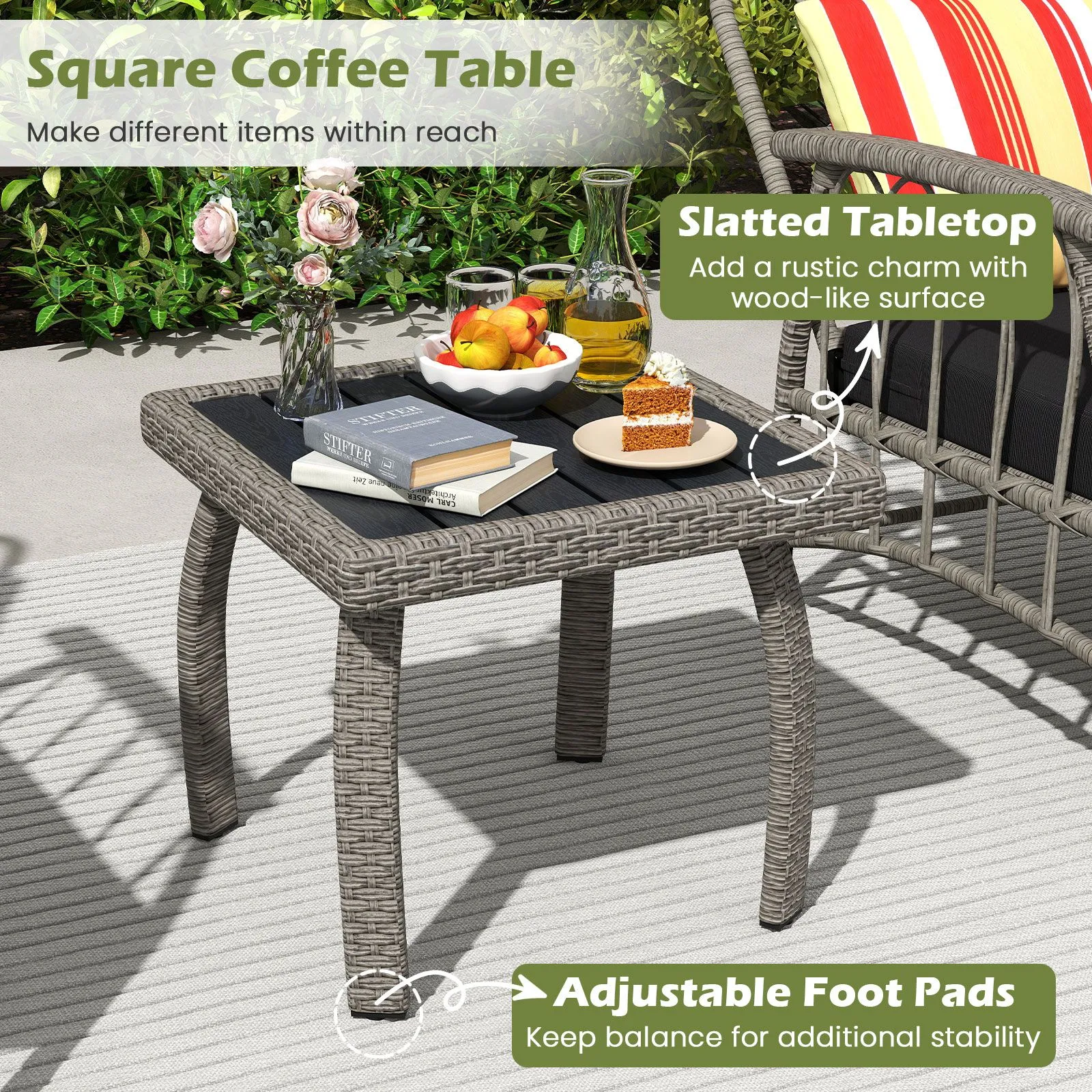 Costway 3 PCS Patio PE Wicker Furniture Set Garden Coffee Table & Armchairs in Grey 5