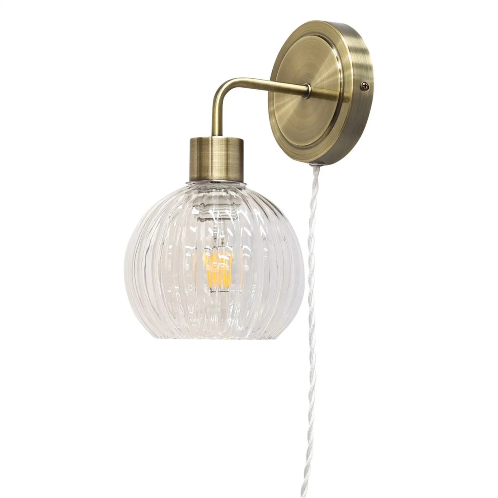 First Choice Lighting Set of 2 Toby - Antique Brass Plug in Wall Lights Clear Globe Shades in Gold 3