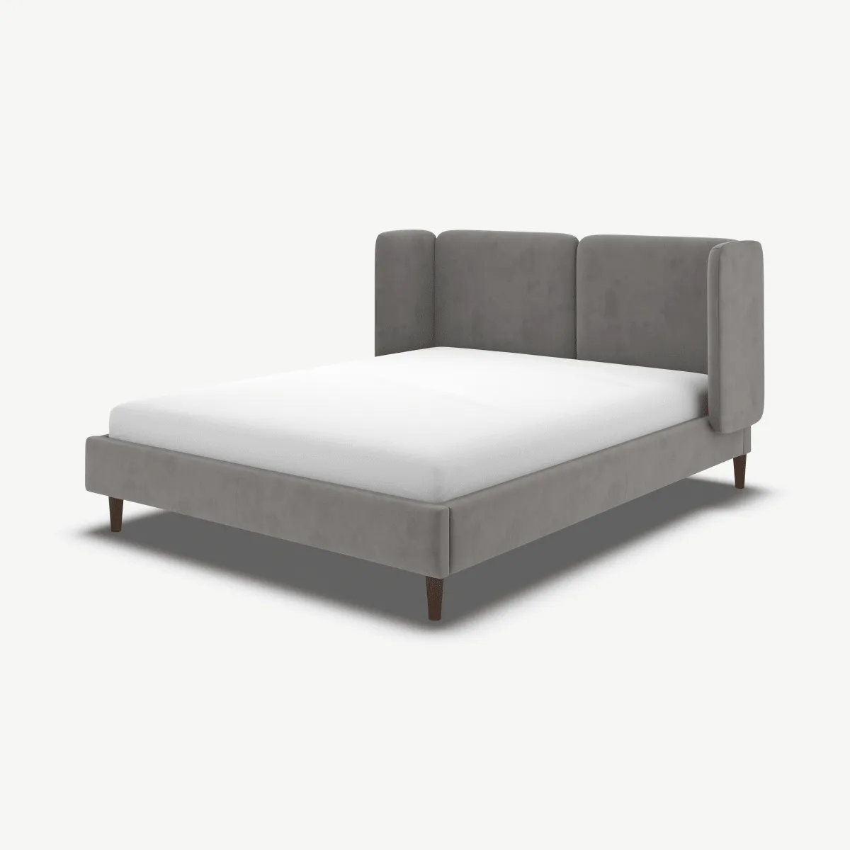 Romola Super King Size Bed, Steel Grey Velvet with Walnut Stain Oak Legs
