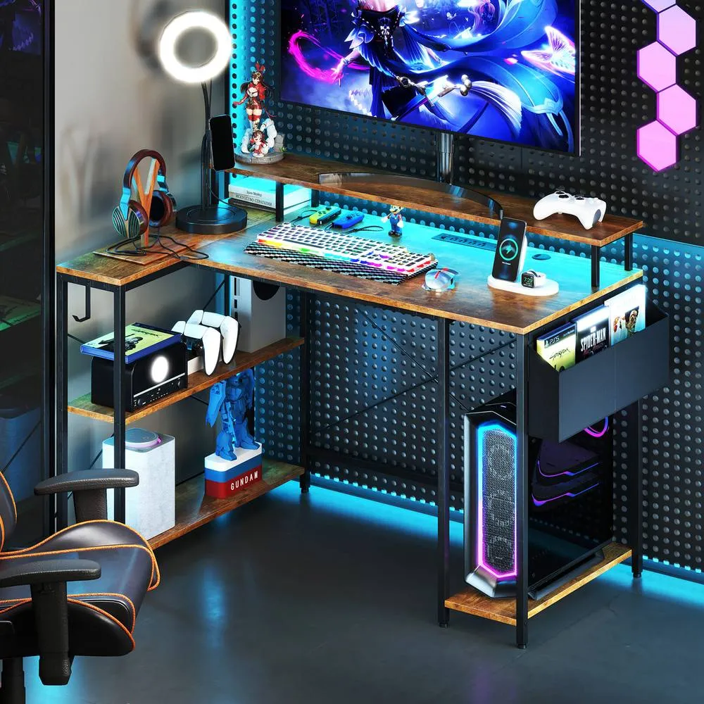 Costway L-Shaped Gaming Desk 120 cm Computer Desk with LED Lights in Brown 3