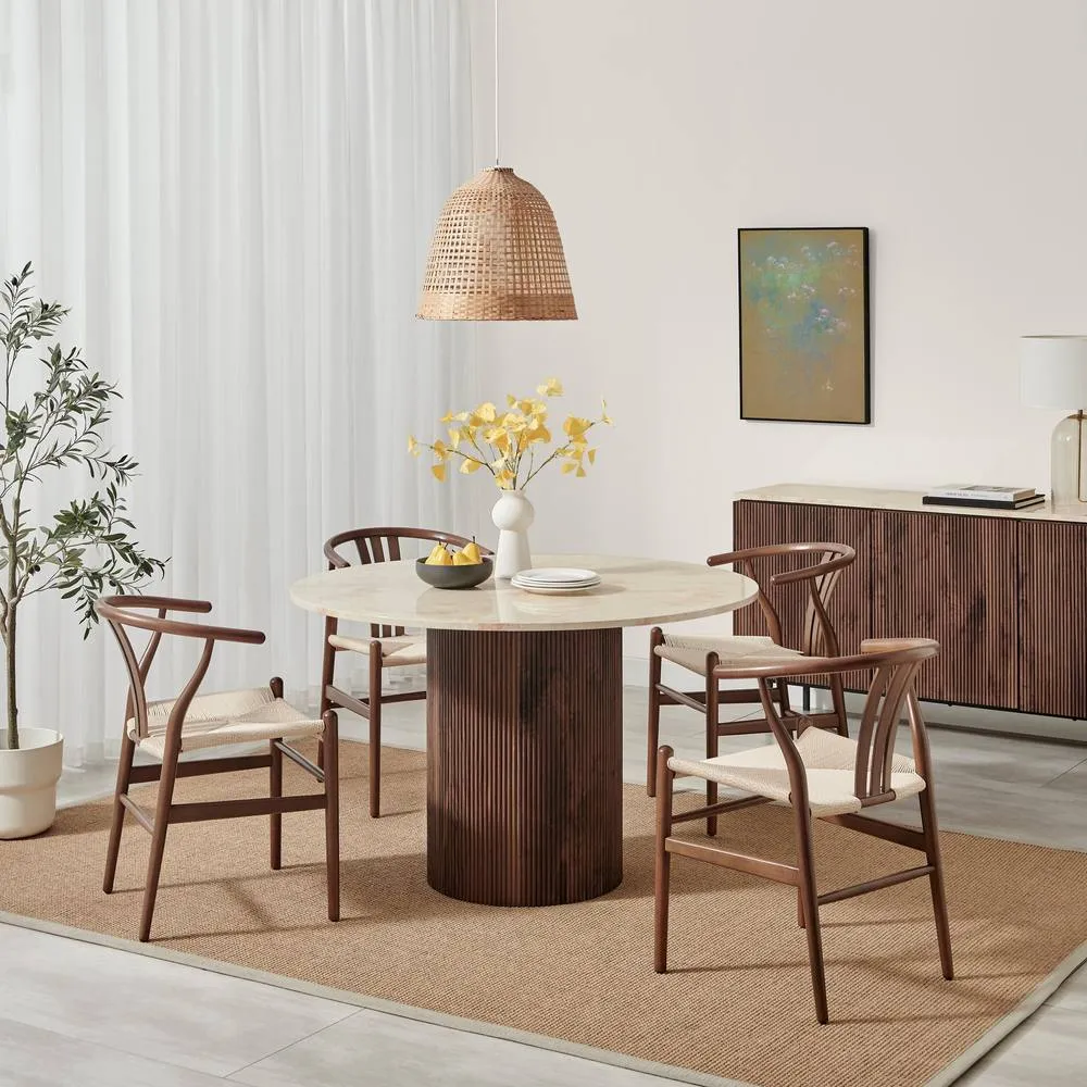 FurnitureboxUK Penrose Walnut & Marble Effect Round Dining Table & 4 Dining Chairs
