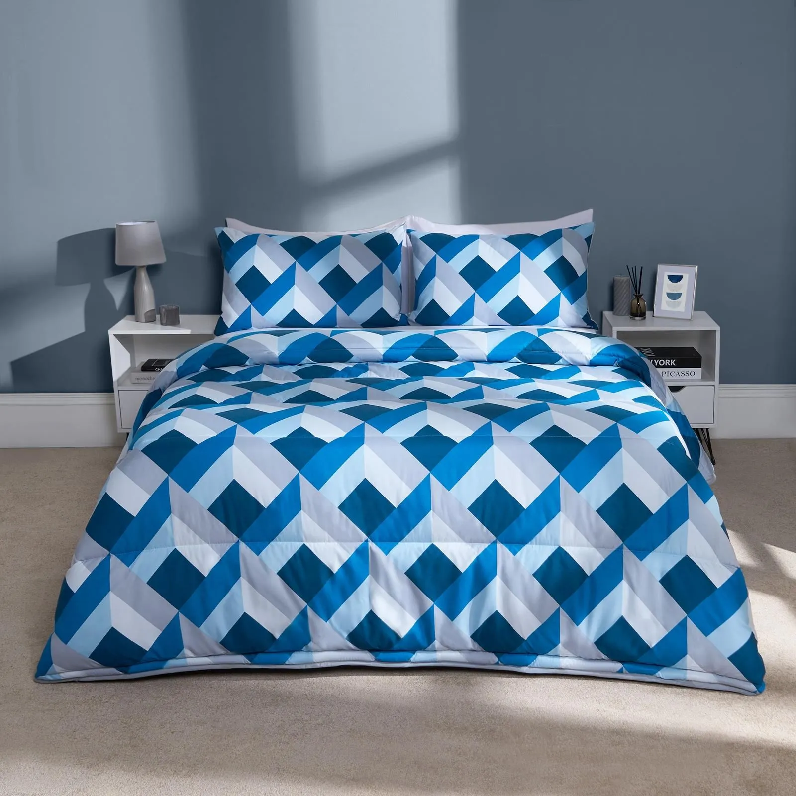 OHS Abstract Geo Coverless 10.5 Duvet Pillowcases Set Bedding Quilt in Dark Navy