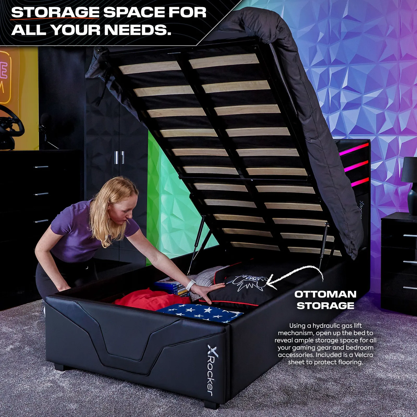 X Rocker Cosmos Ottoman Bed with LED Lighting, Storage & Mattress in Black 3