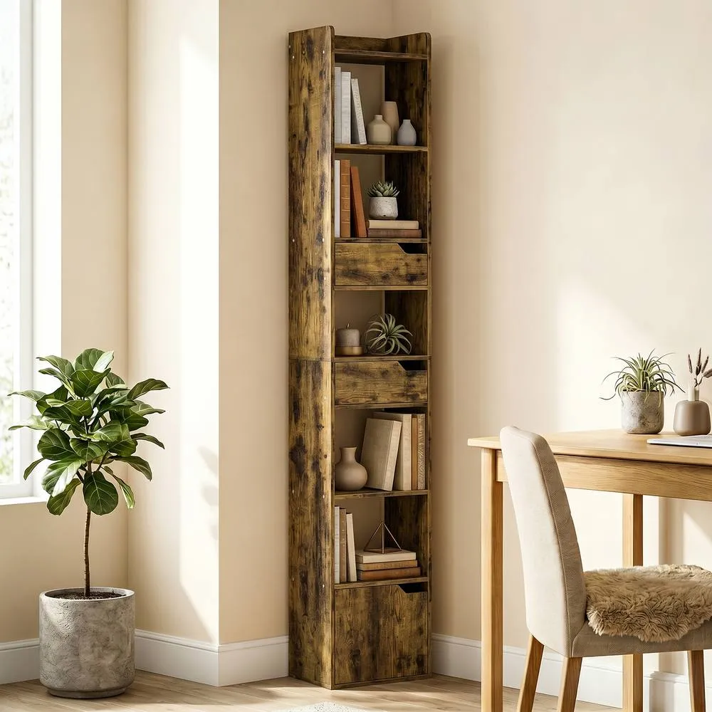 HOMCOM Bookcase Tall Narrow with 5 Tiers Drawers Rustic Brown