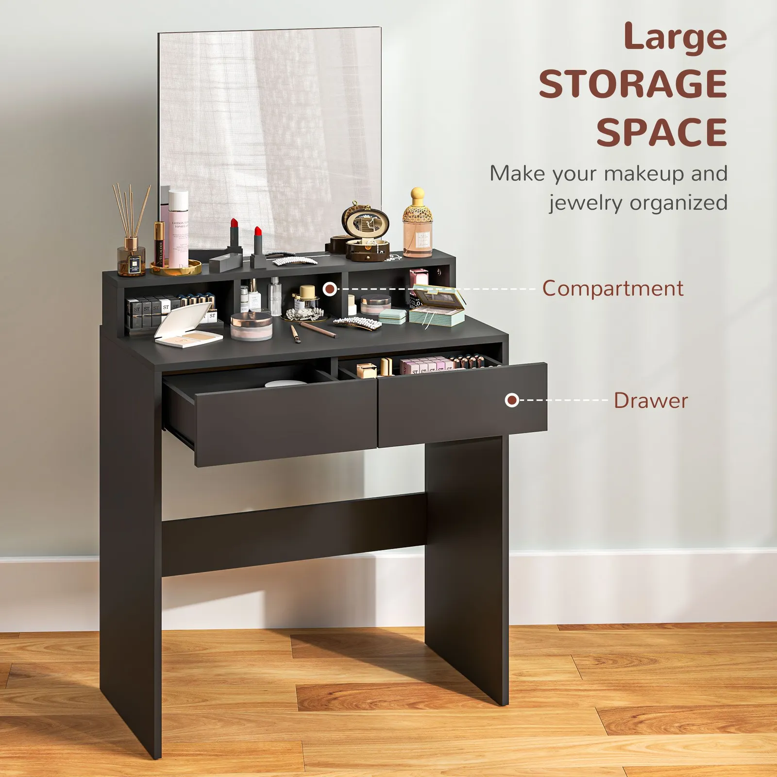 HOMCOM Dressing Table with Mirror, Drawers, for Bedroom, Black 4