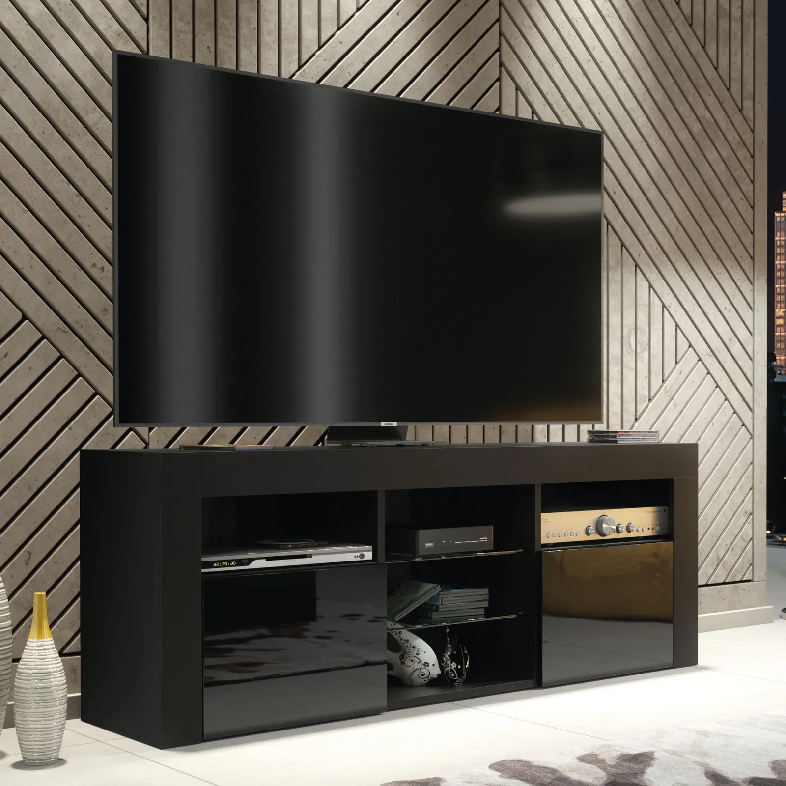 Creative Furniture TV Unit 145cm Modern - Modern Black with High Gloss Doors 6